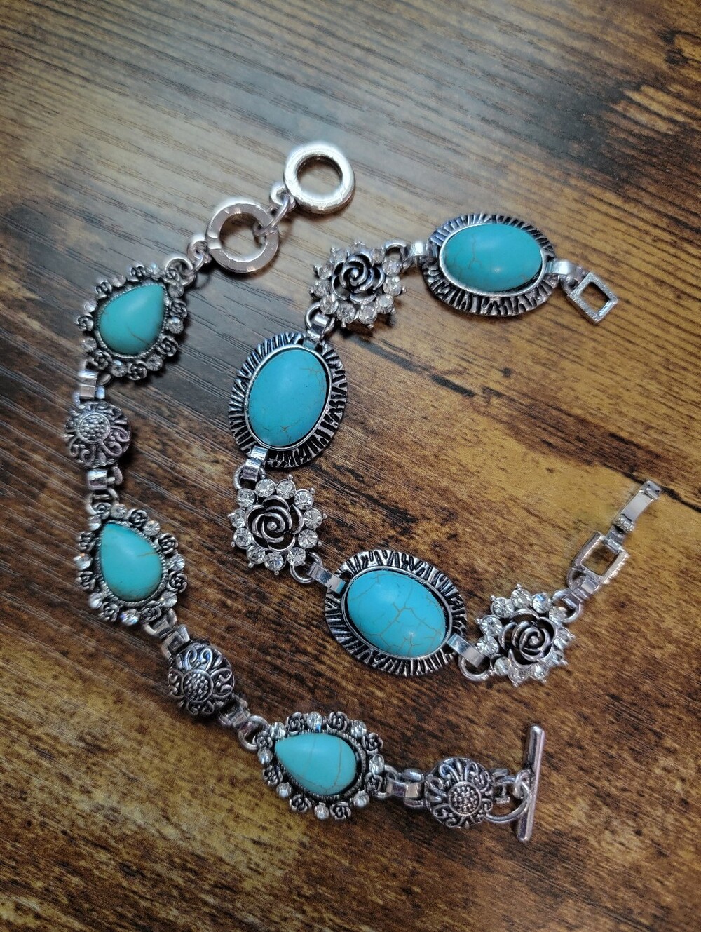 Silver-Tone Faux Turquoise Floral Link Bracelet - Women Jewelry